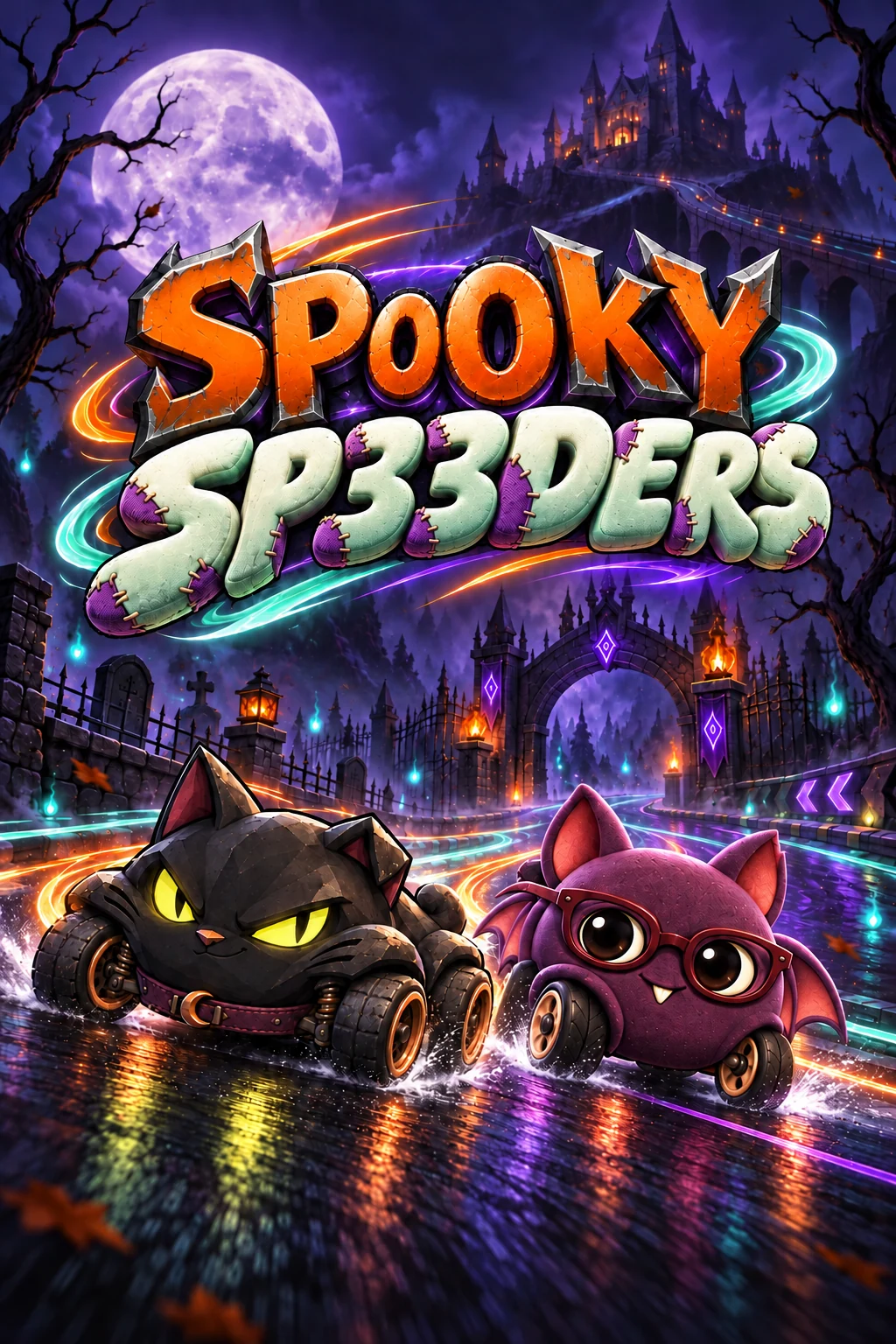 Spooky Speeders: Hex the black cat and Pip the bat race beneath a moonlit castle