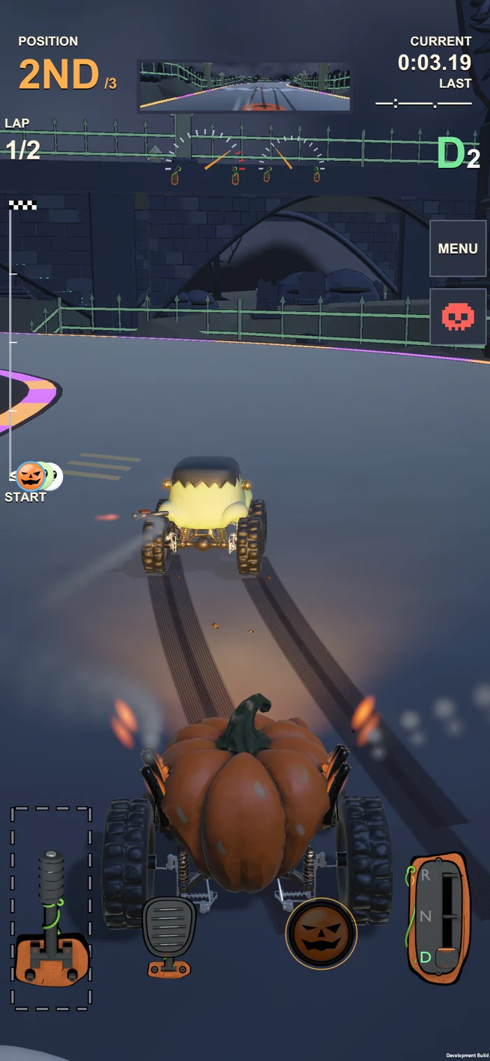 Development gameplay: Jackie Boy follows Beans around a corner in the Haunted Graveyard, with portrait touch controls