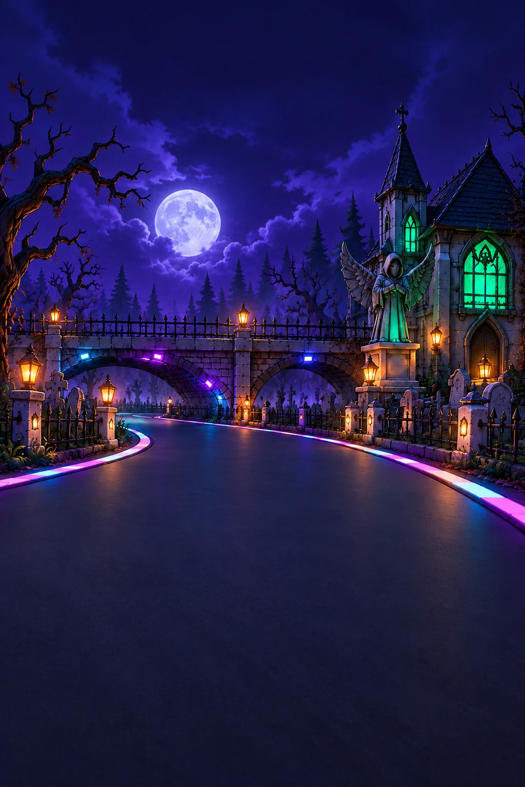 Haunted Graveyard track artwork showing a moonlit road, stone bridge and glowing chapel